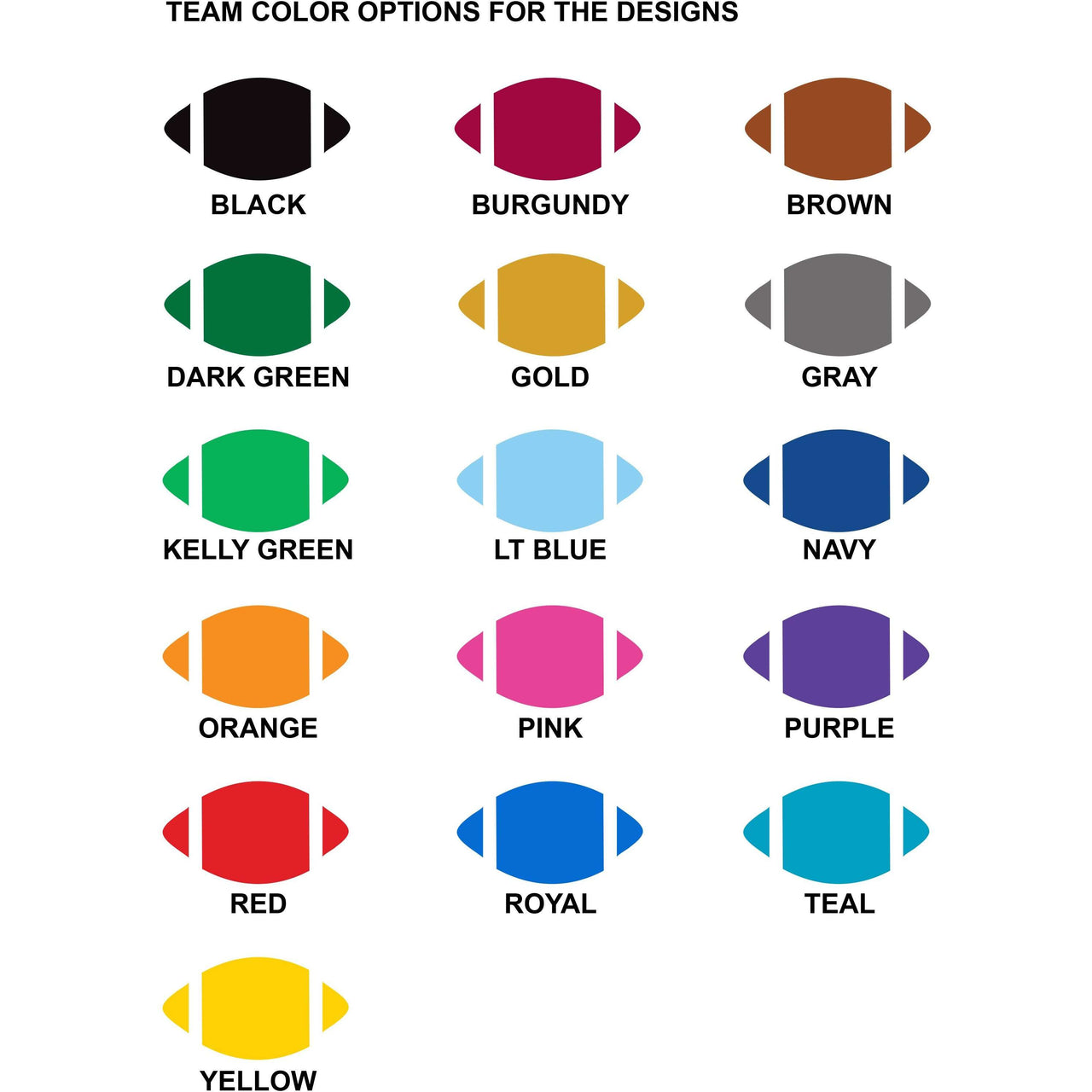 Available color options for football custom printed socks.