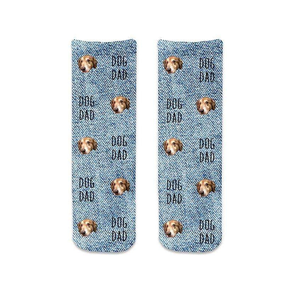 Cute photo face socks for a dog dad custom printed on cotton crew socks personalized with your dog's photo with a denim background design are the perfect gift for any dog lover.