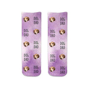 Custom printed socks with a purple wash background design and all over photo face cropped and printed for a dog dad digitally printed on cotton crew socks personalized with your dog's photo.