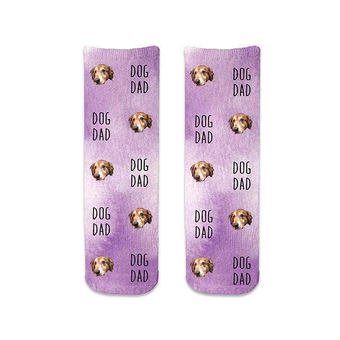 Custom printed socks with a purple wash background design and all over photo face cropped and printed for a dog dad digitally printed on cotton crew socks personalized with your dog's photo.