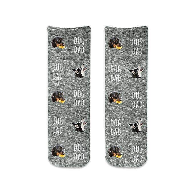 Gray granular design custom printed in all over design with photo faces cropped and text with your photo cropped in for a dog dad digitally printed on cotton crew socks personalized with your dog's photo.