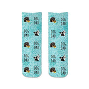 Cute blue wash background design with photo faces cropped and custom printed on socks for a dog dad digitally printed on cotton crew socks personalized with your dog's photo.