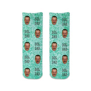 Fun photo face socks for a dog dad digitally printed cotton crew socks personalized with your dog's photo on a turquoise granular background.