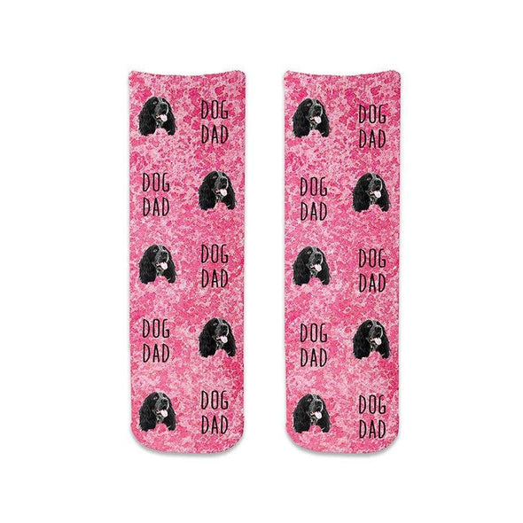 Cute photo face socks for a dog dad digitally printed on cotton crew socks personalized with your dog's photo on a pink wash all over background design.