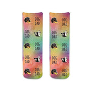 Amazing custom printed photo face socks for a dog dad with rainbow background design digitally printed on cotton crew socks personalized with your dog's photo cropped in all over design with dog dad text is the perfect gift for any occasion.