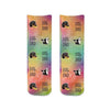 Amazing custom printed photo face socks for a dog dad with rainbow background design digitally printed on cotton crew socks personalized with your dog's photo cropped in all over design with dog dad text is the perfect gift for any occasion.