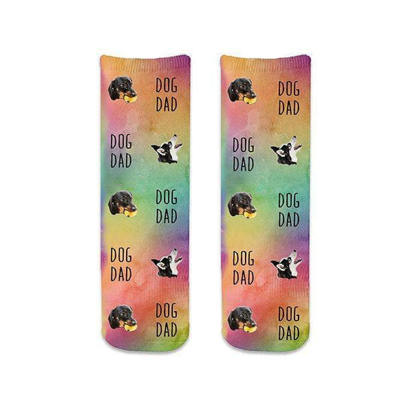 Amazing custom printed photo face socks for a dog dad with rainbow background design digitally printed on cotton crew socks personalized with your dog's photo cropped in all over design with dog dad text is the perfect gift for any occasion.