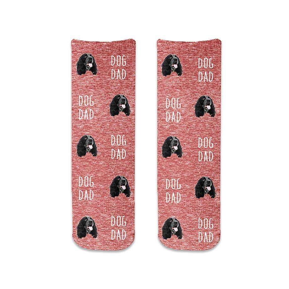 Super cute photo face socks for a dog dad digitally printed on cotton crew socks personalized with your dog's photo on a red granular background.