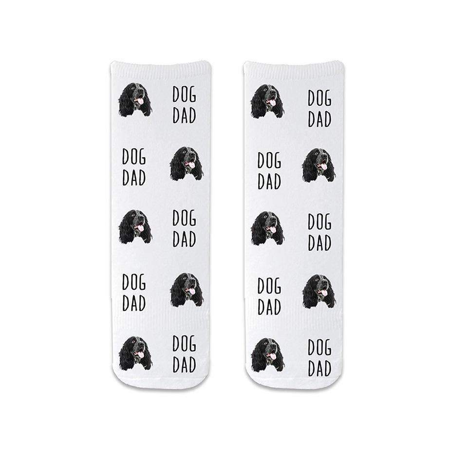 Funny photo face socks for a dog dad, digitally printed on cotton crew socks personalized with your dog's photo on a white cotton background.