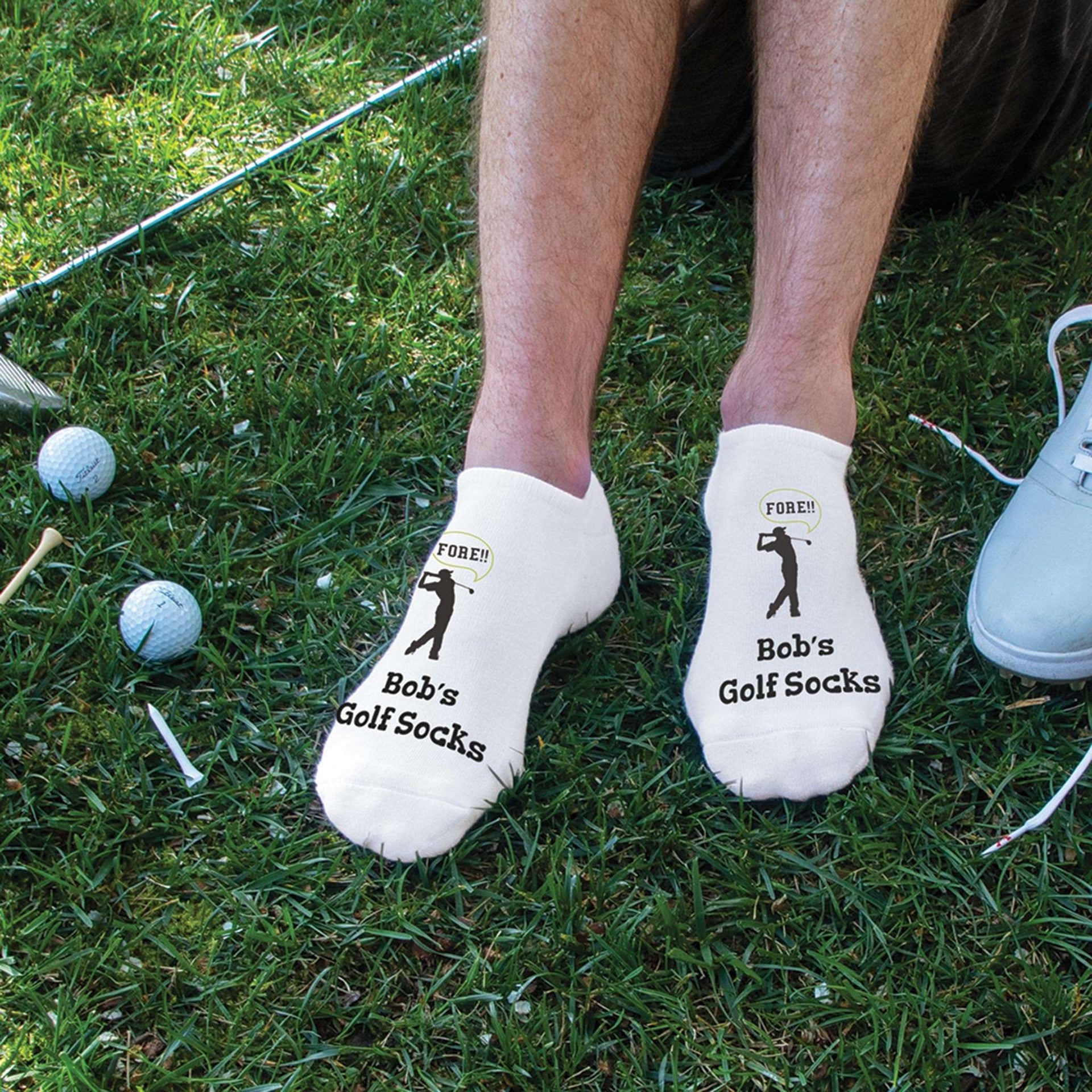 Fun personalized golf socks for men custom printed and sold as a three pair set in a gift box.