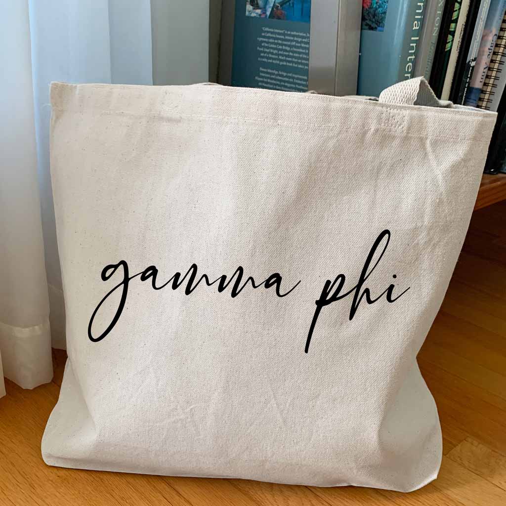 Stylish Gamma Phi Beta nickname custom printed on canvas tote bag is the perfect carry all for your college sorority gear.