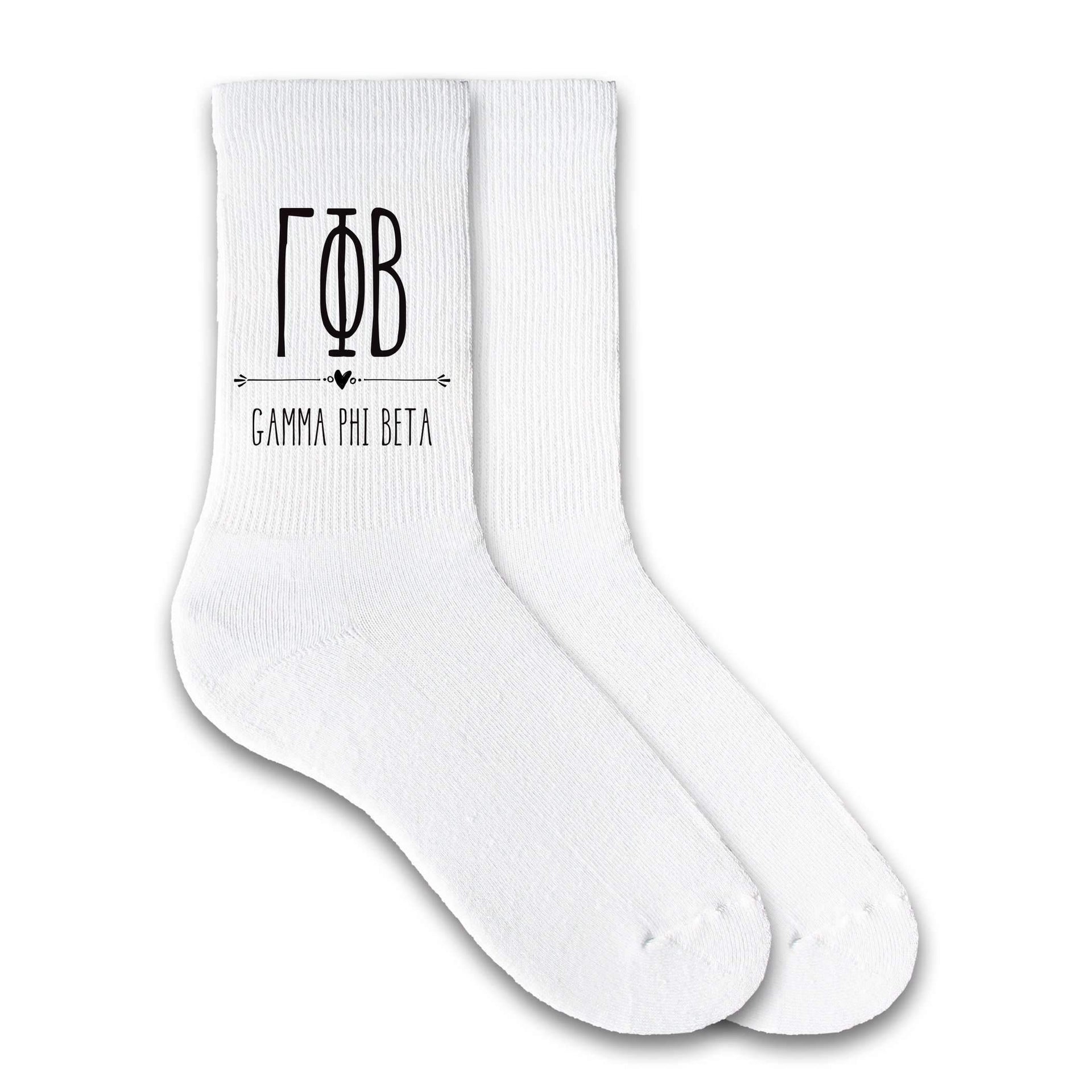 Gamma Phi Beta sorority name custom printed on white cotton crew socks