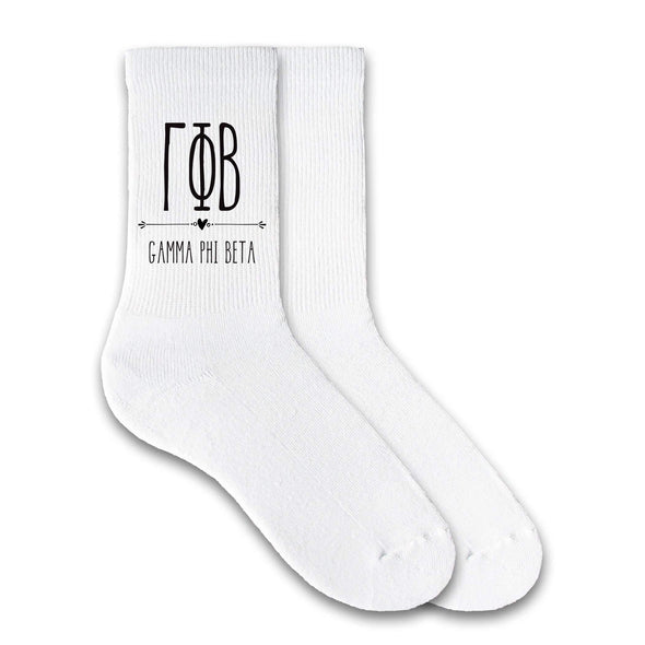 Gamma Phi Beta sorority name and letters custom printed on cotton crew socks available in pink, white, or heather gray