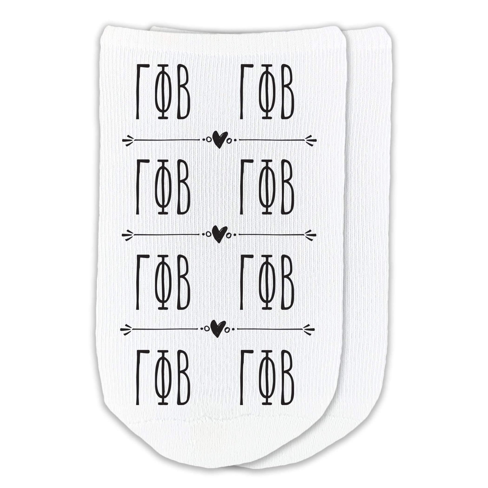 Gamma Phi Beta sorority letters custom printed in repeat boho design on no show socks