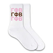 Gamma Phi Beta sorority letters custom printed on white cotton crew socks