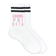Gamma Phi Beta sorority name in sorority color custom printed on black striped crew socks