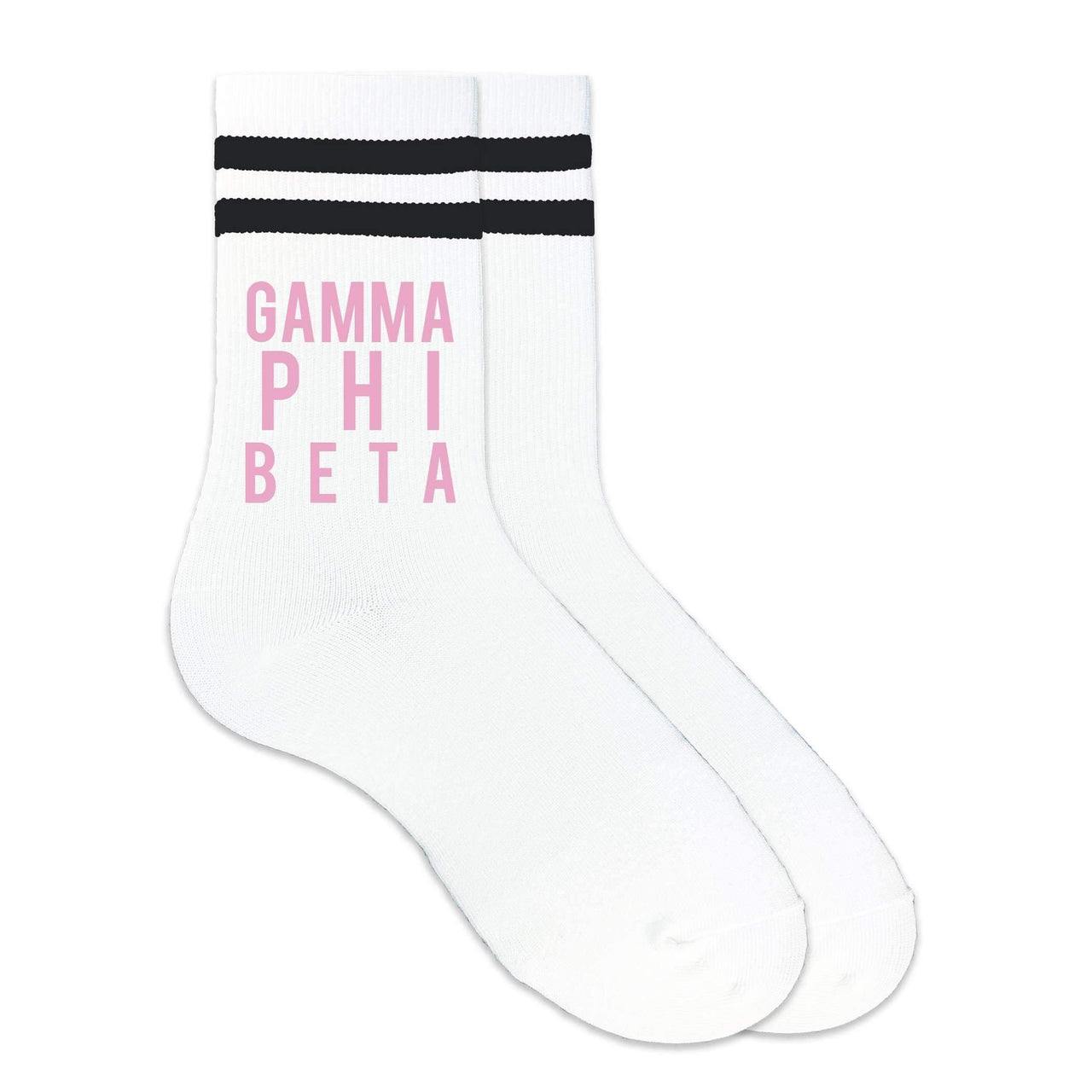 Gamma Phi Beta sorority name in sorority color custom printed on black striped crew socks