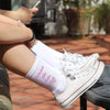 Gamma Phi Beta sorority name and heart design custom printed on white cotton crew socks