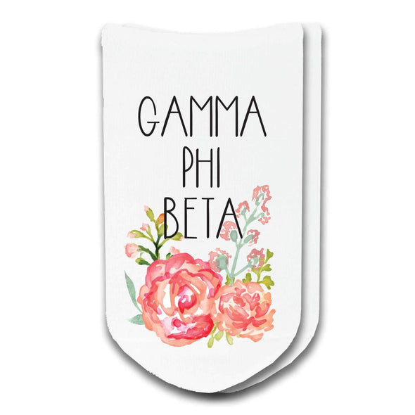 Gamma Phi Beta sorority name with watercolor floral design custom printed on white cotton no show socks