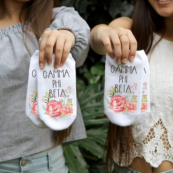 Gamma Phi Beta sorority name and watercolor floral design custom printed on white cotton no show socks