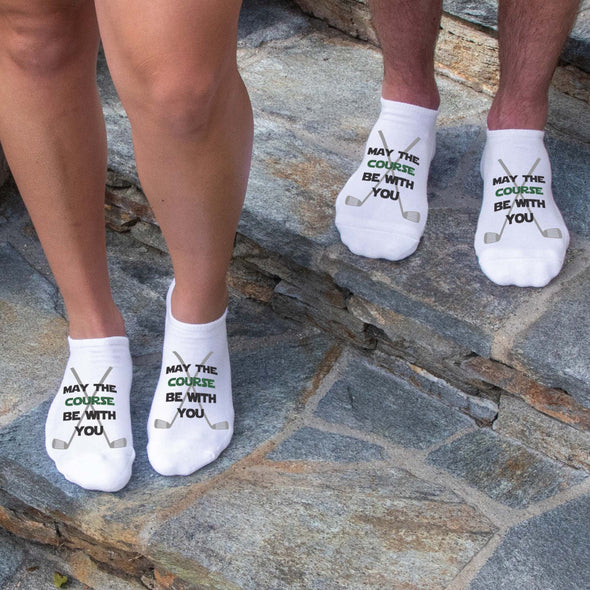 Star wars themed may the course be with you golf design custom printed on no show socks.