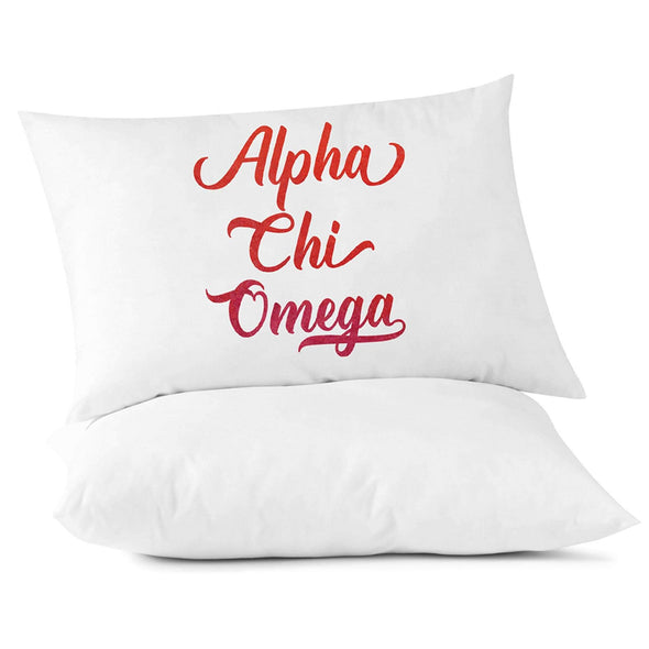 Alpha Chi Omega sorority name in handwriting custom printed in sorority colors on pillowcase.