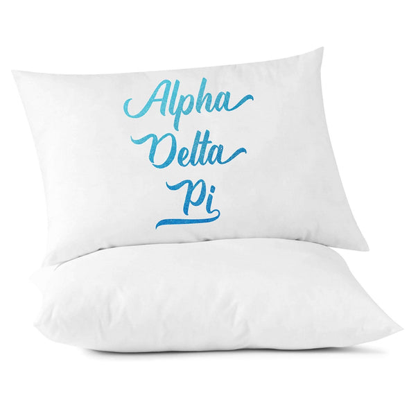 Alpha Delta Pi sorority name in handwriting custom printed in sorority colors on pillowcase.