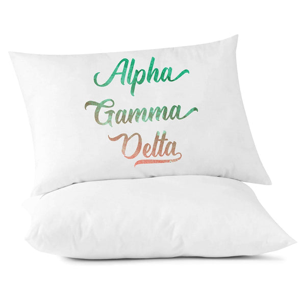Alpha Gamma Delta sorority name in handwriting custom printed in sorority colors on pillowcase.