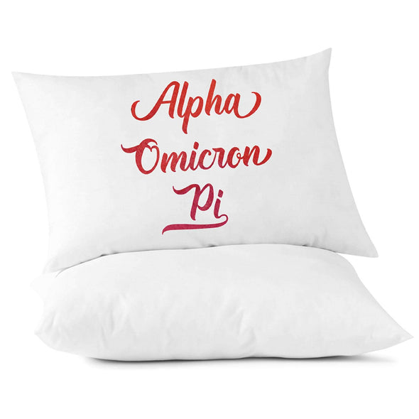 Alpha Omicron  Pi sorority name in handwriting custom printed in sorority colors on pillowcase.