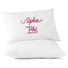 Alpha Phi sorority name in handwriting custom printed in sorority colors on pillowcase.