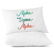 Alpha Sigma Alpha sorority name in handwriting custom printed in sorority colors on pillowcase.