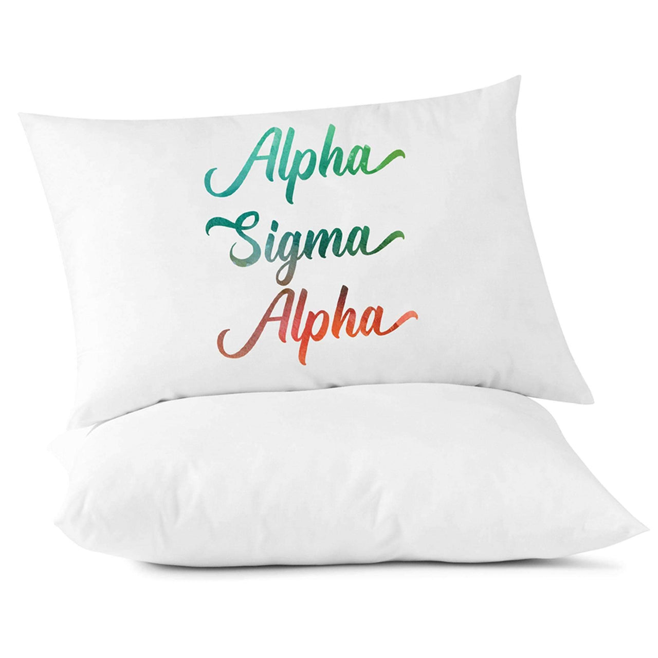 Alpha Sigma Alpha sorority name in handwriting custom printed in sorority colors on pillowcase.