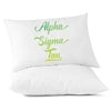 Alpha Sigma Tau sorority name in handwriting custom printed in sorority colors on pillowcase.