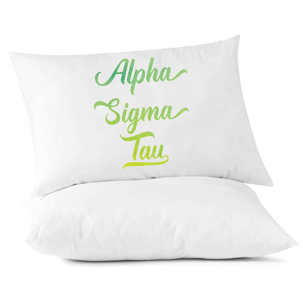 Alpha Sigma Tau sorority name in handwriting custom printed in sorority colors on pillowcase.