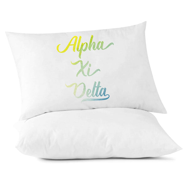 Alpha Xi Delta sorority name in handwriting custom printed in sorority colors on pillowcase.
