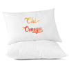 Chi Omega sorority name in handwriting custom printed in sorority colors on pillowcase.