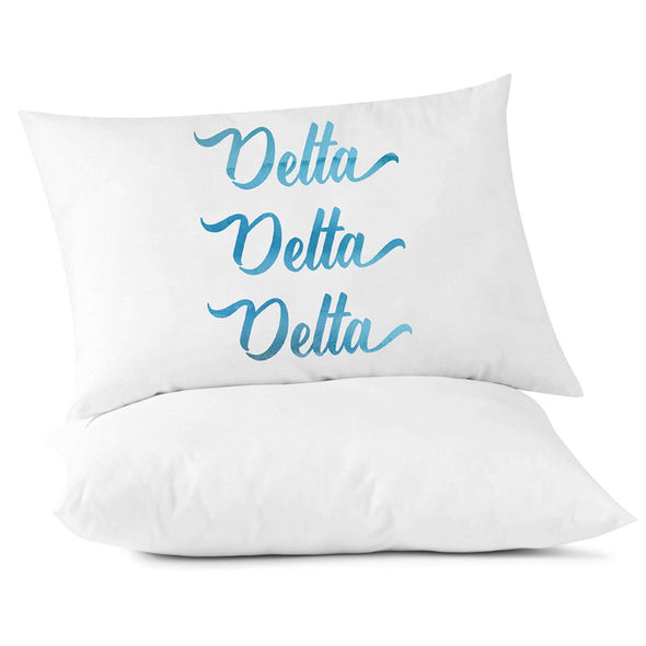 Delta Delta Delta sorority name in handwriting custom printed in sorority colors on pillowcase.