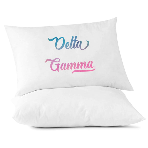 Delta Gamma sorority name in handwriting custom printed in sorority colors on pillowcase.