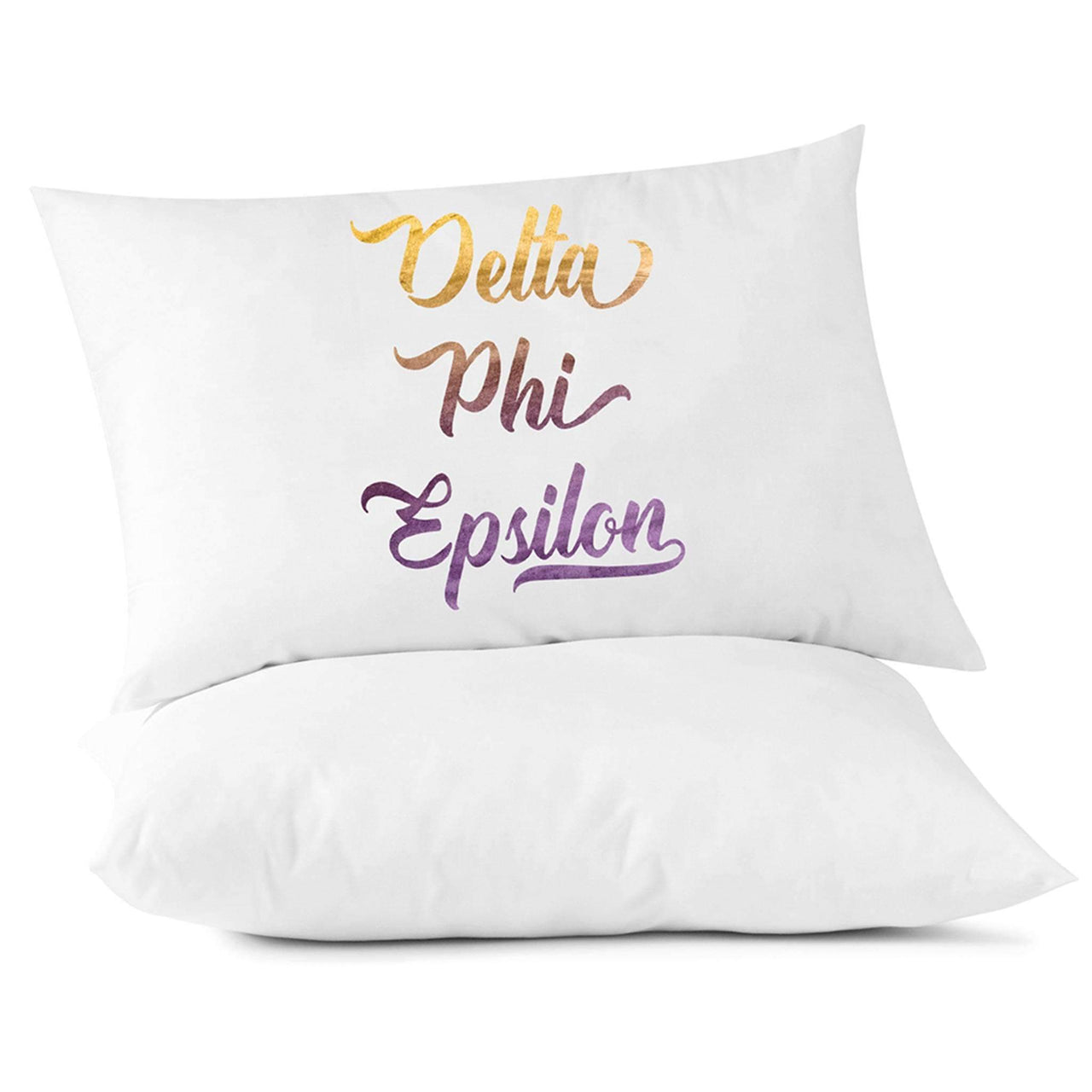 Delta Phi Epsilon sorority name in handwriting custom printed in sorority colors on pillowcase.