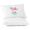 Delta Zeta sorority name in handwriting custom printed in sorority colors on pillowcase.