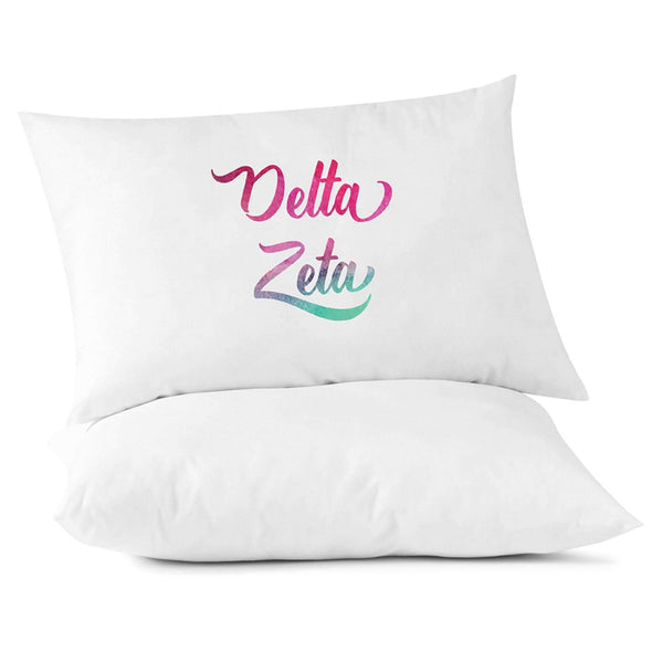 Delta Zeta sorority name in handwriting custom printed in sorority colors on pillowcase.