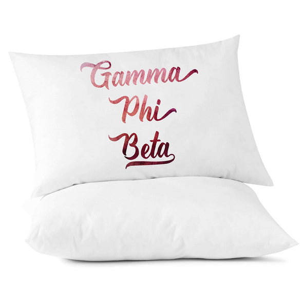 Gamma Phi Beta sorority name in handwriting custom printed in sorority colors on pillowcase.