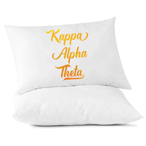 Kappa Alpha Theta sorority name in handwriting custom printed in sorority colors on pillowcase.