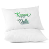 Kappa Delta sorority name in handwriting custom printed in sorority colors on pillowcase.