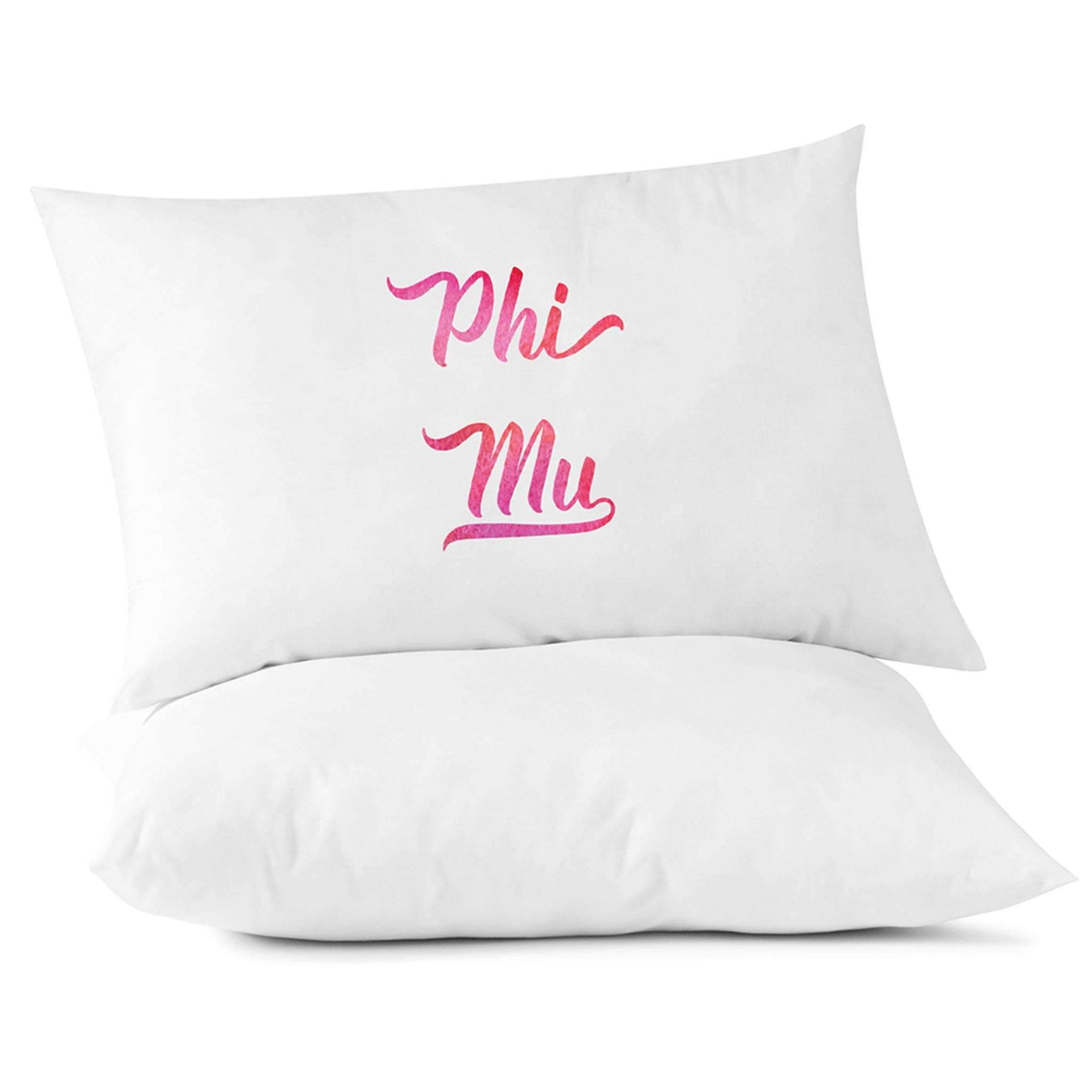 Phi Mu sorority name in handwriting custom printed in sorority colors on pillowcase.