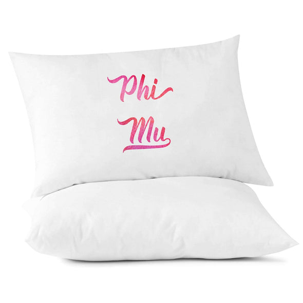 Phi Mu sorority name in handwriting custom printed in sorority colors on pillowcase.