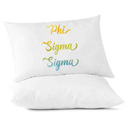 Phi Sigma Sigma sorority name in handwriting custom printed in sorority colors on pillowcase.