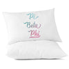 Pi Beta Phi sorority name in handwriting custom printed in sorority colors on pillowcase.