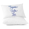 Sigma Delta Tau sorority name in handwriting custom printed in sorority colors on pillowcase.