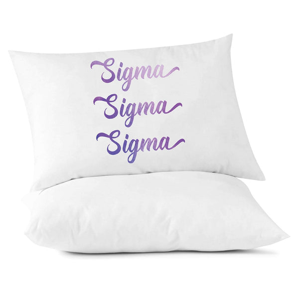 Sigma Sigma Sigma sorority name in handwriting custom printed in sorority colors on pillowcase.